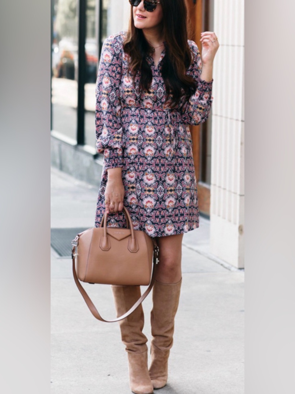 LOFT, Ann Taylor, Multicolor Floral-Print Long-Sleeve Dress, Lightweight